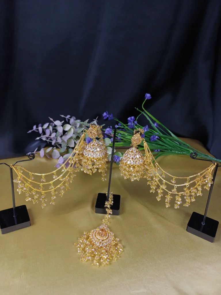 Golden Kundan Jhoomar Set with Tikka