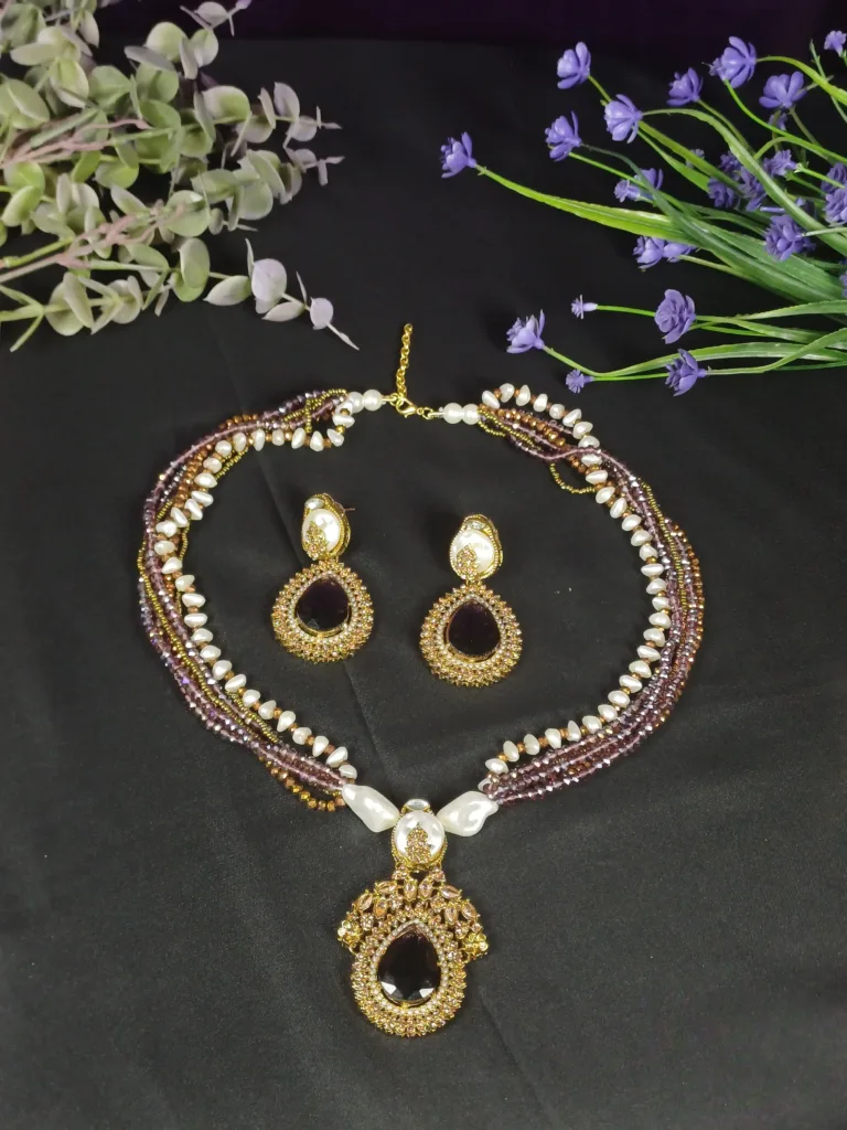 Plum & Mother Pearl Mala with Earrings
