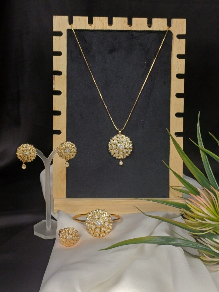 Sunburst Crystal Pendant, Earring Set & Kara